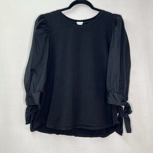 Chico's Women's 3/4 Taffeta Puff Sleeve Blouse Top Black Bow Accents Size L